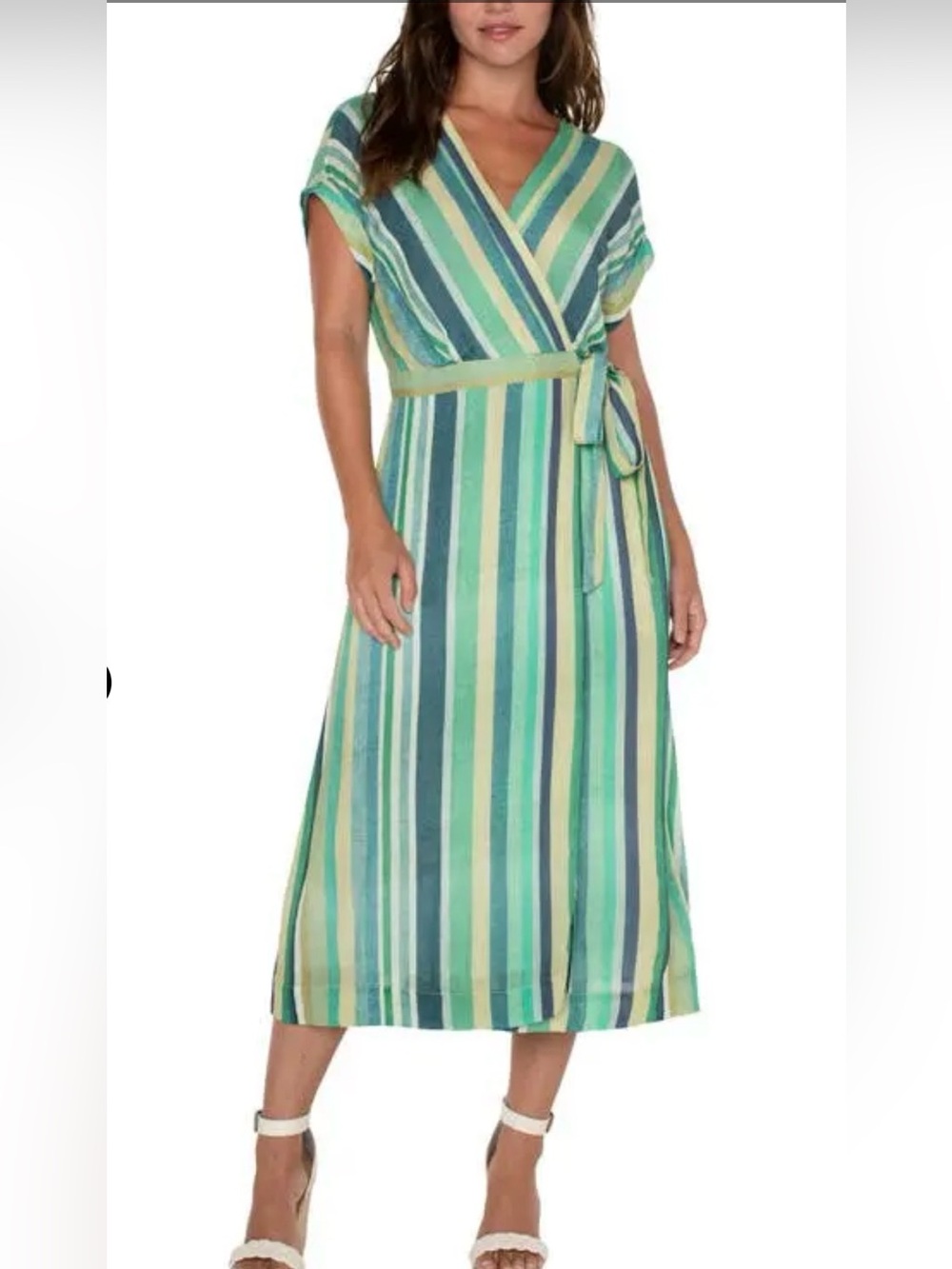 Liverpool Striped Green and Blue Wrap Midi Dress with Tie